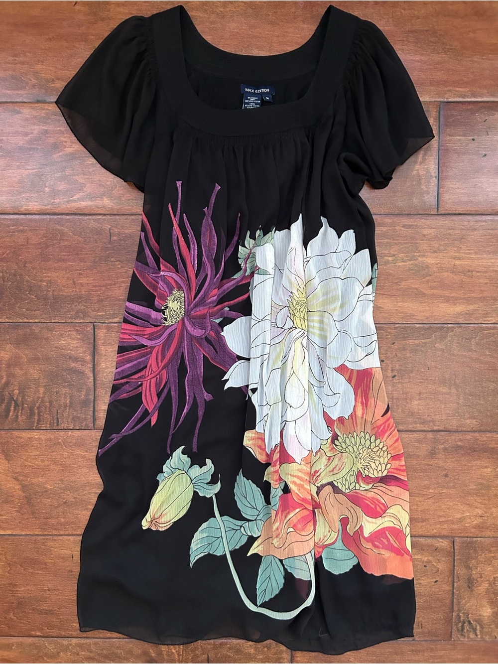 NWT! Size M Max Edition black sheer floral dress with flutter sleeves